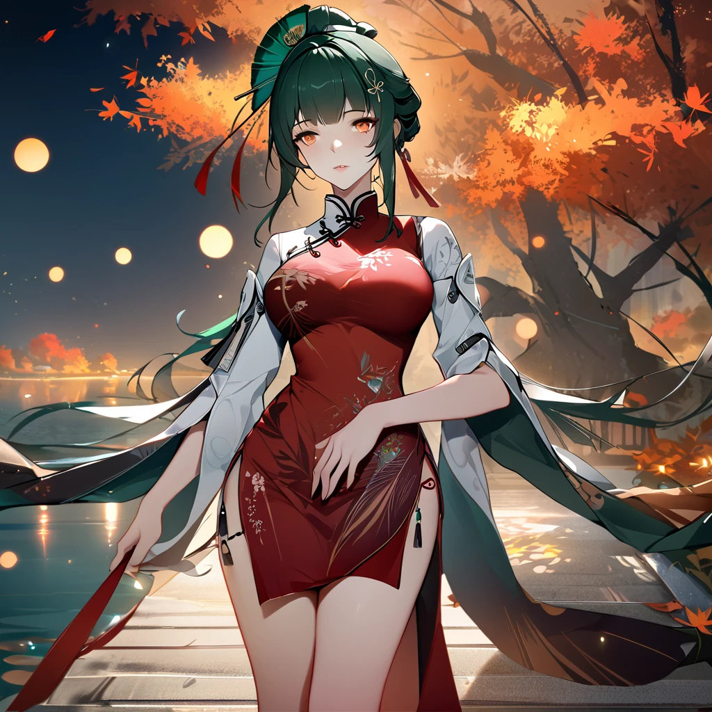 A woman wearing traditional Chinese dress, red dress with bamboo designs, green hair, tied up hair, long hair, orange eyes, peacock feather in her hair, red heels, feathers on her sleeve, standing posture, walking on a concrete walkway near of a lake, autumn tree, perfect face, perfect eyes, perfect lips, night place, lighting with fireflies, punishing_gray_raven, Hanying, .UHD , masterpiece, super details , high quality , best quality, 8k, high resolution, bokeh effect. (woman solo), close view.
