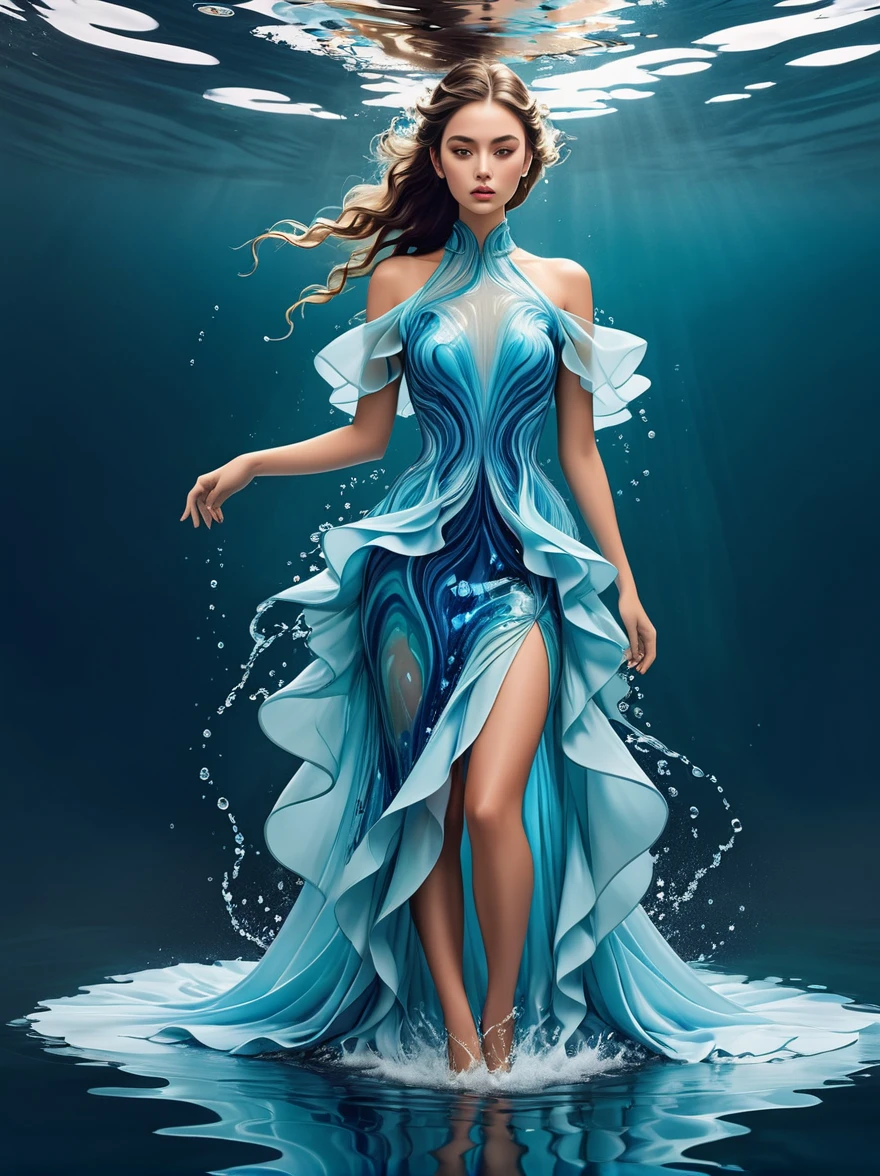 una mujer，Vistiendo un precioso traje hecho de agua.，Vestido exquisito，elegante vestido de agua，preciosa y elegante，Ropa de lujo，inspirado en Hedi Xandt&#39;estilo de diseño。Su atuendo incluye ropa intrincada.、túnicas reales adornadas、Ropa fina y batas，y vestidos con detalles delicados y elegantes。Ella pisó tacones altos，Vestida al estilo real。Sus manos tienen dibujos de dedos finamente detallados.。El fuego ardía en su cuerpo.，También bailando en la falda，El elemento fuego le dio una forma alada.。Cubierto con tela transparente.。Es una obra de arte, Presentación artística de la más alta calidad.：1.2）,（Fotos RAW de alta definición con resolución 8K, un estilo realista, Fotorrealista:1.3）,(La textura de la piel es extremadamente detallada., La textura de la tela es exquisita., Efectos de llama realistas, cara hermosa y delicada:1.25),Arreglo de iluminación profesional、Tecnología de mapeo de fotones、Procesamiento de luz suave y hermoso.、Método de cálculo radiométrico.、En él se utilizan técnicas de disparo de alta gama, como renderizado realista basado físicamente y tecnología de trazado de rayos.;Estilo de disparo similar al de un modelo， (Fondo de pantalla CG 8K unificado extremadamente fino),La fotografía de cuerpo entero muestra una de las obras de arte más bellas del mundo.