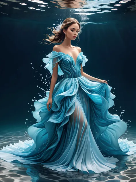 A girl，Wearing a gorgeous outfit made of water，Exquisite dress，Elegant water dress，Gorgeous and elegant，Luxurious clothing，Inspi...