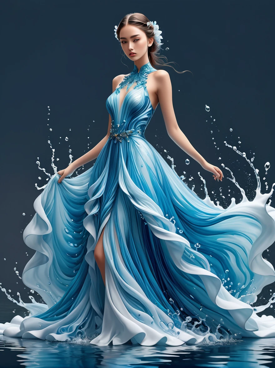 una mujer，Vistiendo un precioso traje hecho de agua.，Vestido exquisito，elegante vestido de agua，preciosa y elegante，Ropa de lujo，inspirado en Hedi Xandt&#39;estilo de diseño。Su atuendo incluye ropa intrincada.、túnicas reales adornadas、Ropa fina y batas，y vestidos con detalles delicados y elegantes。Ella pisó tacones altos，Vestida al estilo real。Sus manos tienen dibujos de dedos finamente detallados.。El fuego ardía en su cuerpo.，También bailando en la falda，El elemento fuego le dio una forma alada.。Cubierto con tela transparente.。Es una obra de arte, Presentación artística de la más alta calidad.：1.2）,（Fotos RAW de alta definición con resolución 8K, un estilo realista, Fotorrealista:1.3）,(La textura de la piel es extremadamente detallada., La textura de la tela es exquisita., Efectos de llama realistas, cara hermosa y delicada:1.25),Arreglo de iluminación profesional、Tecnología de mapeo de fotones、Procesamiento de luz suave y hermoso.、Método de cálculo radiométrico.、En él se utilizan técnicas de disparo de alta gama, como renderizado realista basado físicamente y tecnología de trazado de rayos.;Estilo de disparo similar al de un modelo， (Fondo de pantalla CG 8K unificado extremadamente fino),La fotografía de cuerpo entero muestra una de las obras de arte más bellas del mundo.