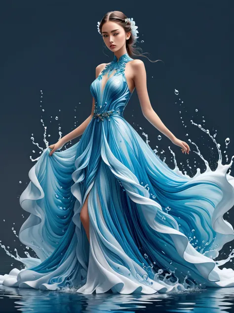 A girl，Wearing a gorgeous outfit made of water，Exquisite dress，Elegant water dress，Gorgeous and elegant，Luxurious clothing，Inspi...