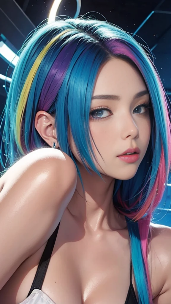 cuerpo completo,tiro largo,desnudo (((de la máxima calidad)), (Muy detallado), (((1 niña 0.5))), (pelo arcoiris, cabello colorido, Mitad azul y mitad pelo castaño: 1.2), ,