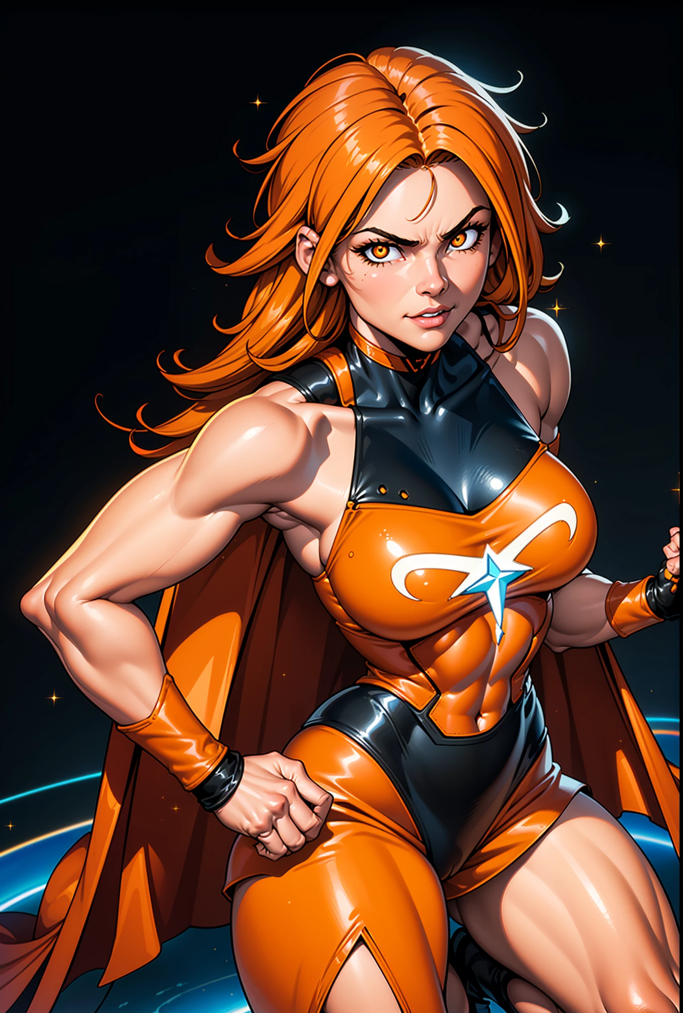 Digital painting of a woman with orange color and black messy hair, long hair, Superhero, Muscle Girl, frying, Pose, fist up, From above, 1 knee up, bare shoulder, long cape, Behance Contest Winner, Afrofuturism, Synthwave, neon, glowing neon, Huge saggy breasts, (cute smile face:0.25), glitter galaxy background, planets,