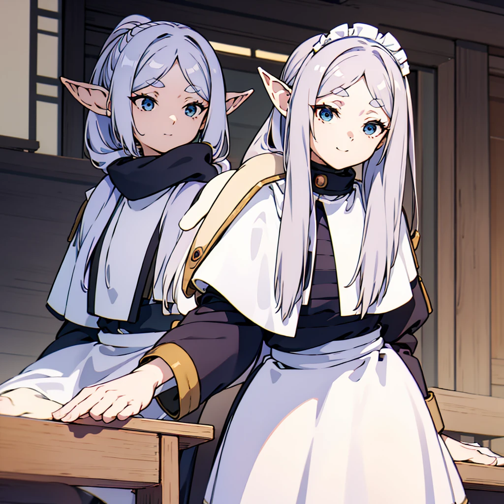 (Highest quality, On the table),セクシーなMaid， Teenage Girl，Browsing Caution, One Girl, Green Eyes , smile, Hourglass Shape, Grey long hair，Maid服，Dual Horsetail, Elf Ears、Inside the room、Great tit、黒背景はHighest qualityです, masterpiece, One slim girl, (alone:1.1), Raytracing, Super detailed,Detailed face, 8k wallpaper, Wide Hips, Takashi Furi NDV, One slim girl, Gray Hair, Dual Horsetail, blue eyes, Medium chest, 長いGray Hair, Pointed Ears, Maid, Parted bangs, White shawl, White Dress, band, Long sleeves,  External, Sit, Hooded, scarf, Yuki, Winters，厳粛なMaid服，lie，Sitting，Throne