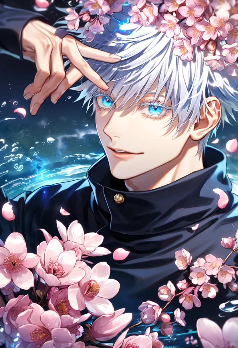 absurdres, highres, ultra detailed, HDR, master piece, Gojou Satoru, white hair with bangs, white eyelashes, expressive blue eyes, black clothes, Jujutsu Kaisen, sexy man, handsome, best quality, blossoms, pink petals, pink flowers, fantasy, magical, blue shining fireflies, solo, water, handsome smile, sensual