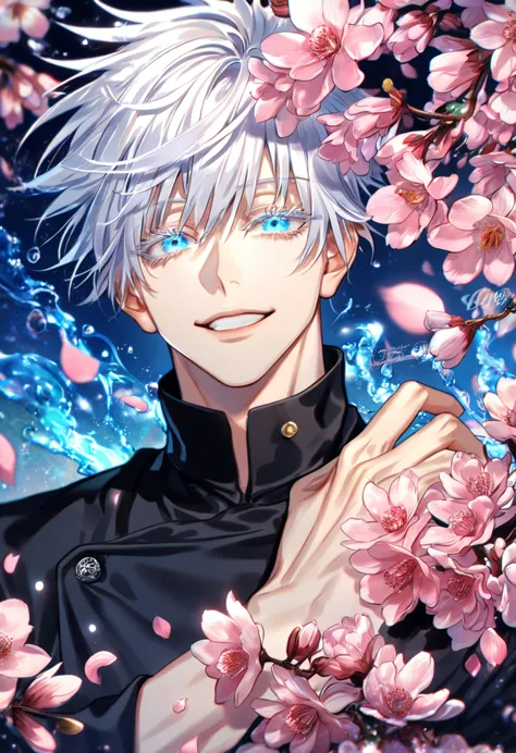 absurdres, highres, ultra detailed, HDR, master piece, Gojou Satoru, white hair with bangs, white eyelashes, expressive blue eye...