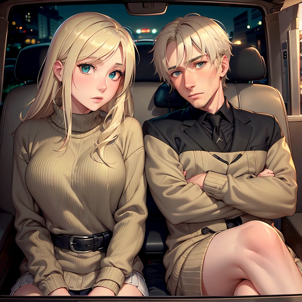 A twenty-nine year old man, with blonde hair, gray eyes and a black suit and a twenty-two year old girl with blonde hair, long and green eyes, wearing a beige sweater. Sitting in the back seats of a car, looking at each other. at night. without belt. Romantic.