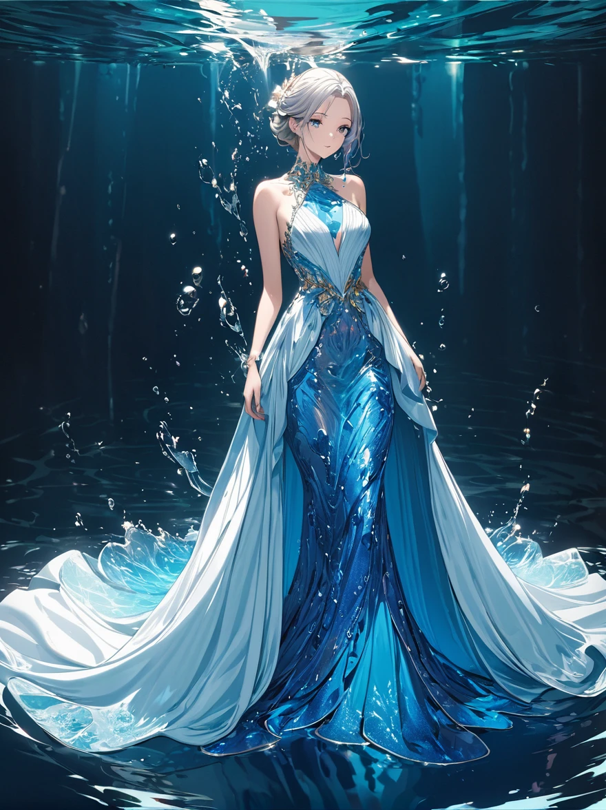 A girl，Wearing a gorgeous outfit made of water，Exquisite dress，Elegant water dress，Gorgeous and elegant，Luxurious clothing，Inspired by Hedi Xandt&#39;s design style。Her attire includes intricate clothing、ornate royal robes、Fine clothing and robes，and dresses with delicate and elegant details。She stepped on high heels，Dressed in royal style。Her hands have finely detailed finger drawings。The fire burned in her body，Also dancing on the skirt，The fire element gave her a winged form。Covered with transparent fabric。It's a masterpiece, The highest quality artistic presentation：1.2）,（8K resolution high-definition RAW photos, a realistic style, Photorealistic:1.3）,(Skin texture is extremely detailed, The fabric texture is exquisite, Realistic flame effects, Beautiful and delicate face:1.25),Professional lighting arrangement、Photon Mapping Technology、Soft and beautiful light processing、Radiometric calculation method、High-end shooting techniques such as physically based realistic rendering and ray tracing technology are used in it;Model-like shooting style， (Extremely fine CG unified 8K wallpaper),Full-length photo shows one of the most beautiful works of art in the world