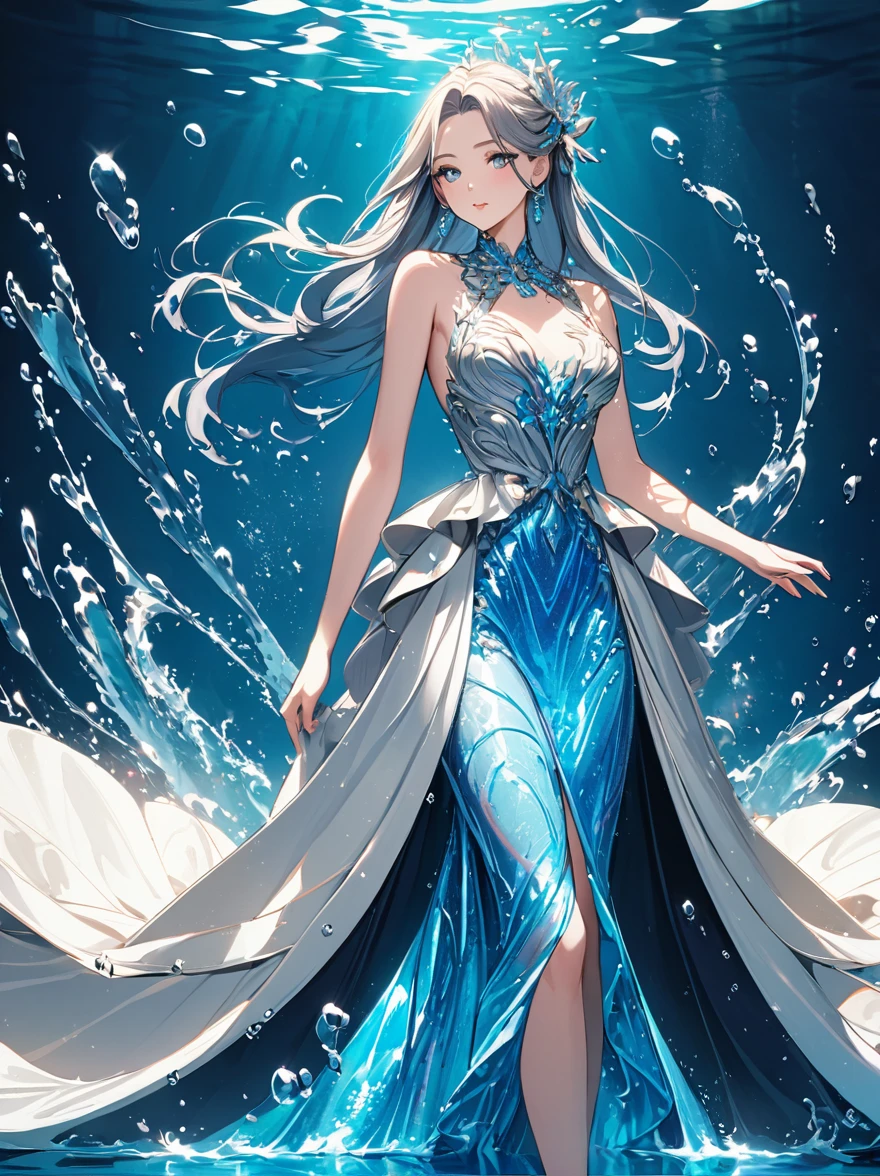 A girl，Wearing a gorgeous outfit made of water，Exquisite dress，Elegant water dress，Gorgeous and elegant，Luxurious clothing，Inspired by Hedi Xandt&#39;s design style。Her attire includes intricate clothing、ornate royal robes、Fine clothing and robes，and dresses with delicate and elegant details。She stepped on high heels，Dressed in royal style。Her hands have finely detailed finger drawings。The fire burned in her body，Also dancing on the skirt，The fire element gave her a winged form。Covered with transparent fabric。It's a masterpiece, The highest quality artistic presentation：1.2）,（8K resolution high-definition RAW photos, a realistic style, Photorealistic:1.3）,(Skin texture is extremely detailed, The fabric texture is exquisite, Realistic flame effects, Beautiful and delicate face:1.25),Professional lighting arrangement、Photon Mapping Technology、Soft and beautiful light processing、Radiometric calculation method、High-end shooting techniques such as physically based realistic rendering and ray tracing technology are used in it;Model-like shooting style， (Extremely fine CG unified 8K wallpaper),Full-length photo shows one of the most beautiful works of art in the world