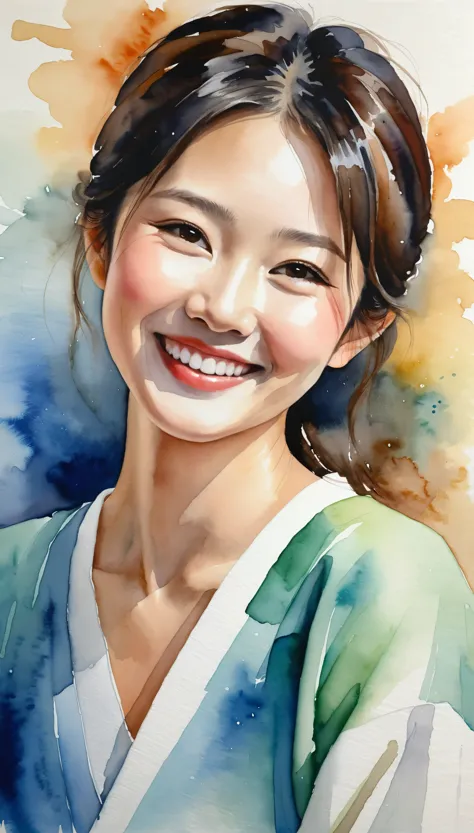 masterpiece,Acrylic watercolor painting of a smiling Japanese woman,(Beautiful gradation created by layering),(Tarashikomi technique),A delicate touch