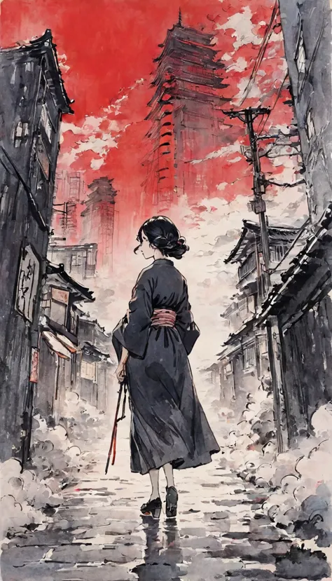 katsushika hokusai、vague、mont、遠くに見えるskyscraper、ink and watercolor、light tones、calligraphy、ink painting　ink painting　drawn with a...