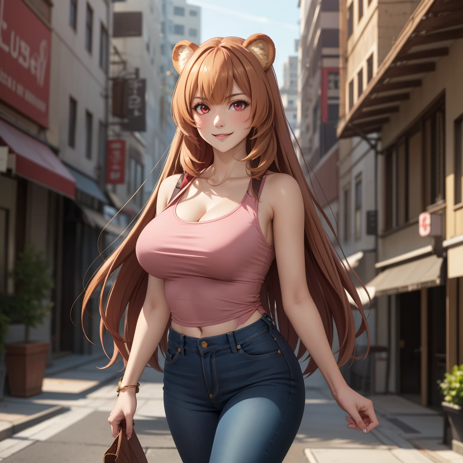 Raphtalia woman 35 years old straight floating golden blonde hair , rounded bear ears, red eyes like ruby, evil smile,big breasts, light and pale skin, low-cut clothing, low-cut pink top, Tight jeans,  background an urban city by day,