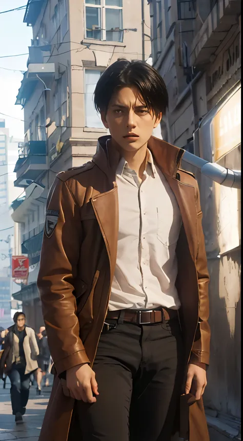Levi Ackerman, attack on titan, black hair, brown eyes, modern city background, ultra realistic, ultra detailed, best quality, masterpiece.