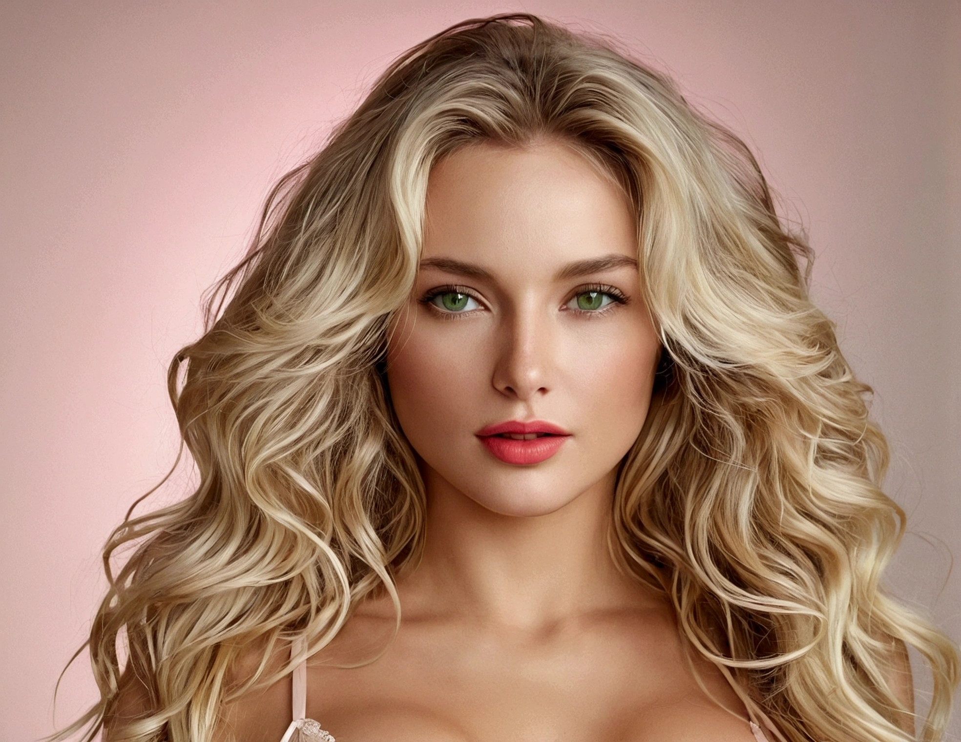 a russian woman with long wavy blonde hair, modelling a Victoria's Secret two-piece lingerie catwalk. She has a serene expression with green eyes, soft lips with a hint of red lipstick and fair, smooth skin with a hint of natural glow. The background is empty, high resolution camera, natural lighting, modern realism, party atmosphere, hd quality, natural look --ar 16:9 --v 6.0