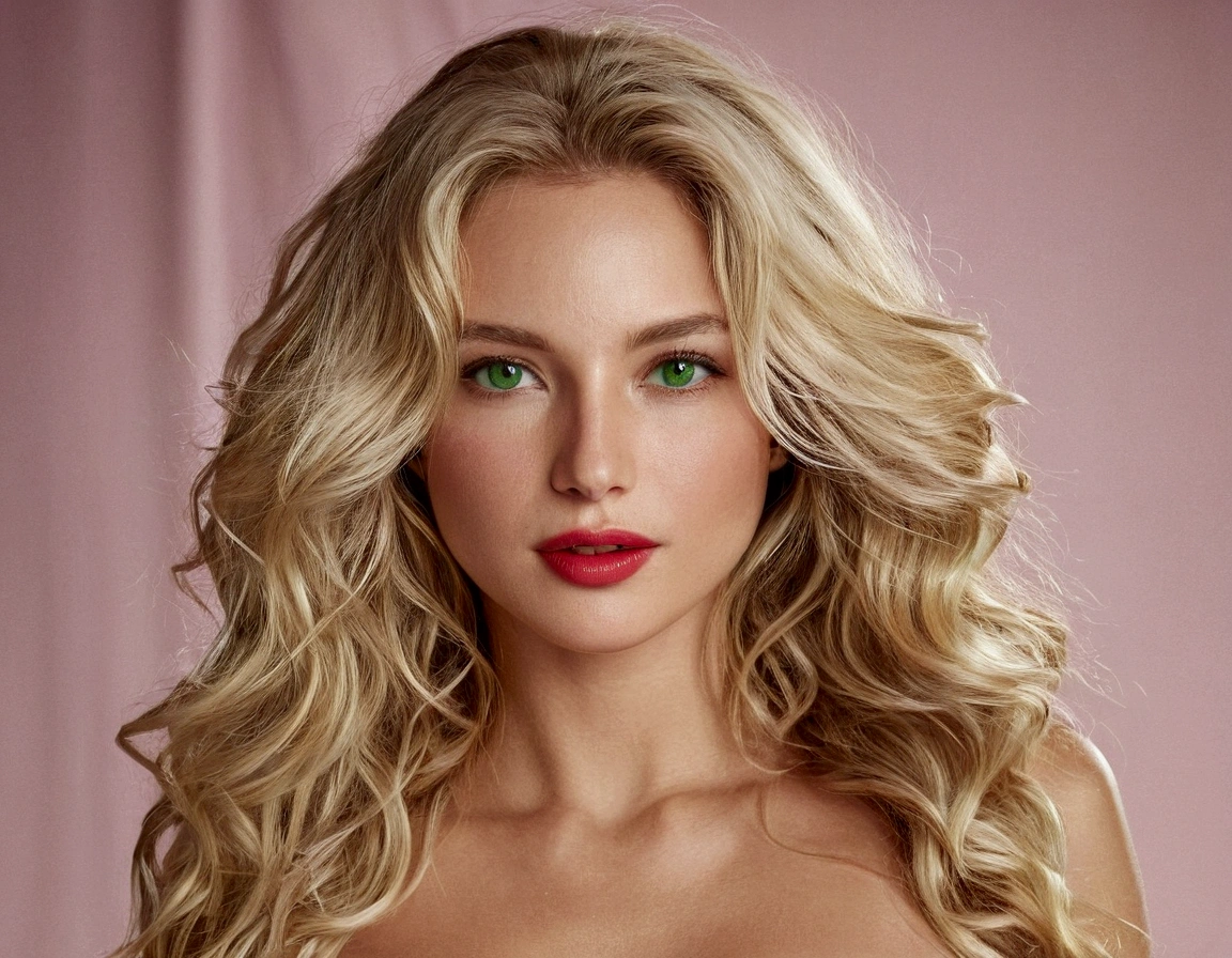 a russian woman with long wavy blonde hair, modelling a Victoria's Secret two-piece lingerie catwalk. She has a serene expression with green eyes, soft lips with a hint of red lipstick and fair, smooth skin with a hint of natural glow. The background is empty, high resolution camera, natural lighting, modern realism, party atmosphere, hd quality, natural look --ar 16:9 --v 6.0