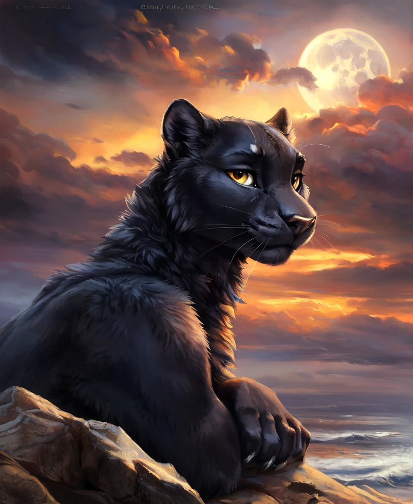 ((solo)) (feral, panther), male, looking at viewer, arrogant,No smile, night, fog, ocean waves behind, mighty posture, full moon,, best quality, shaded, extreme detail, highly detailed, ultradetailed, intricate, realistic, detailed background, hi res, realistic, photography \(artwork\), (by kenket), by ross tran, by michael & inessa garmash, by pino daeni, by isvoc, by kiguri, by alena aenami, by ruan jia, (by zenthetiger, by wolfy-nail), by Enki Bilal, by drmax, photorealism,