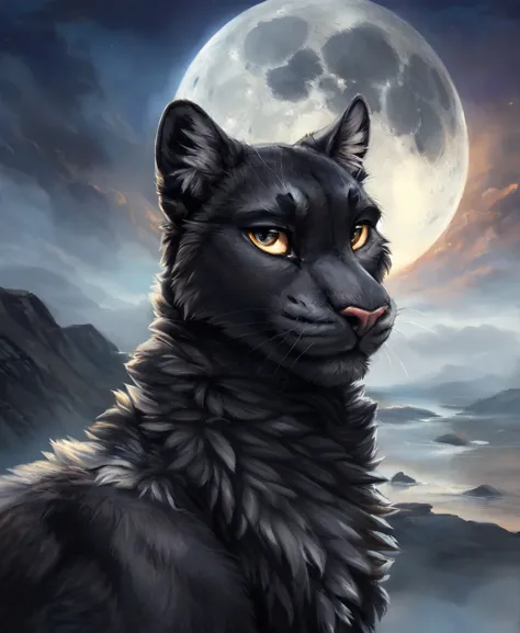 ((solo)) (feral, panther), male, looking at viewer, arrogant,no smile, night, fog, ocean waves behind, mighty posture, full moon...