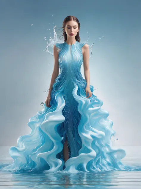 A girl，Wearing a gorgeous outfit made of water，Exquisite dress，Elegant water dress，Gorgeous and elegant，Luxurious clothing，Inspi...