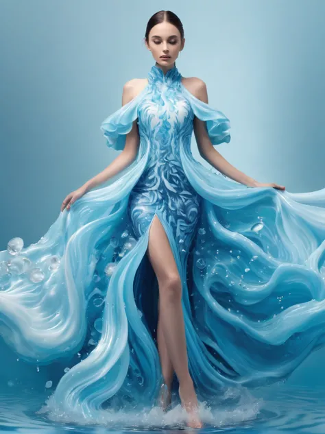 A girl，Wearing a gorgeous outfit made of water，Exquisite dress，Elegant water dress，Gorgeous and elegant，Luxurious clothing，Inspi...