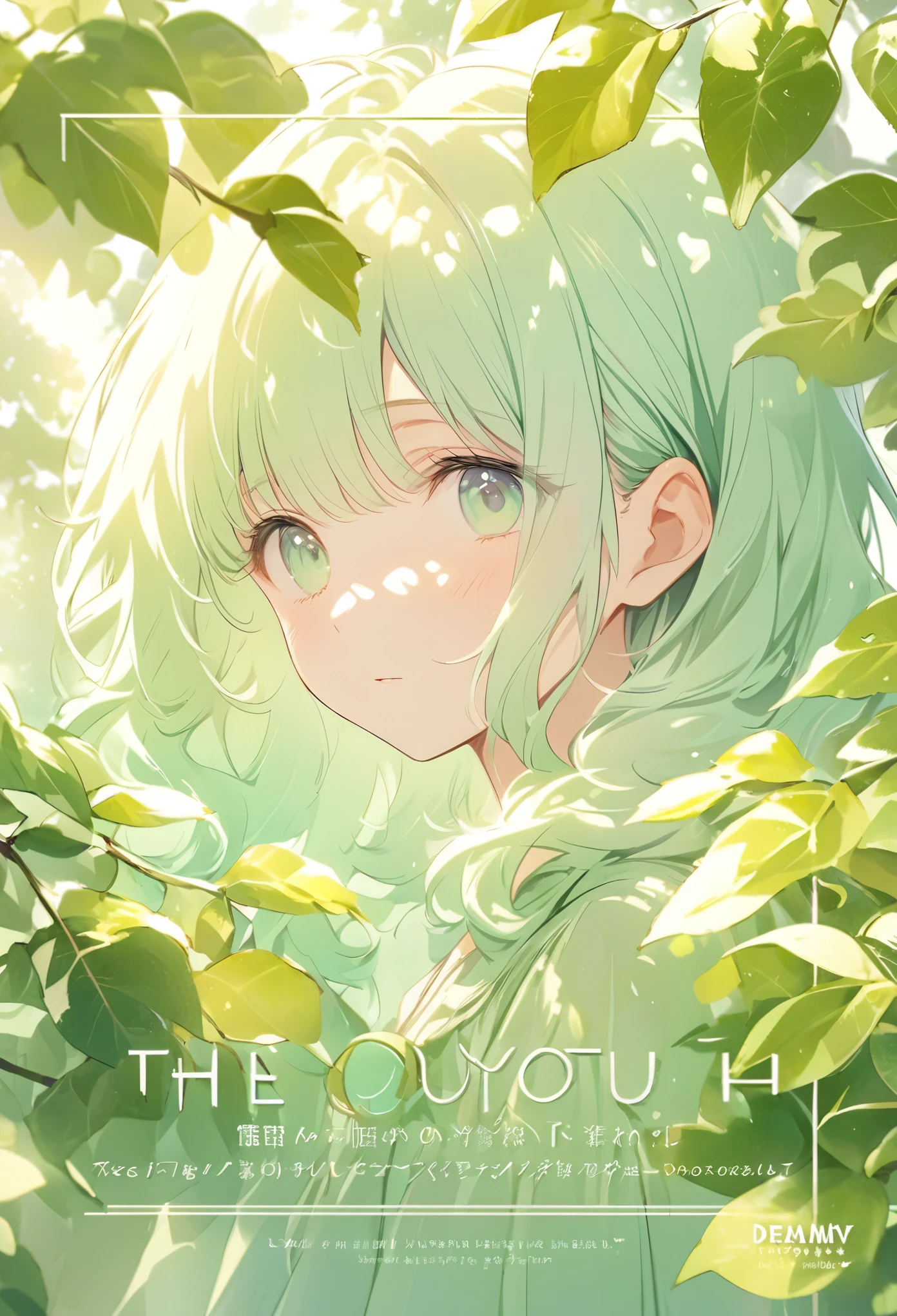 Literary magazine cover，Multiple youth，Close-up of face，The sunlight shines through the gaps in the leaves, casting dappled light and shadows，Fresh and natural，Dreamy mint green，Literary poster layout，The title says &quot;youth&quot; in English font