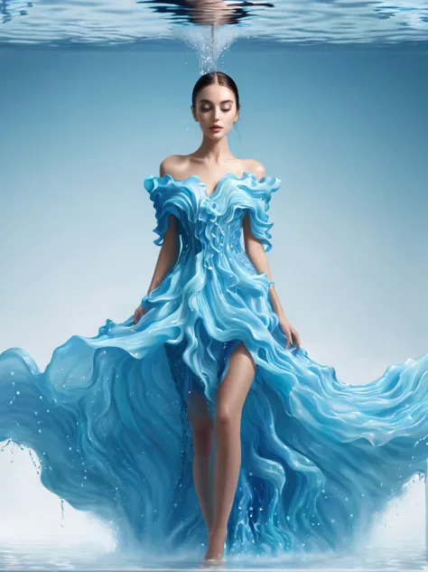 A girl，Wearing a gorgeous outfit made of water，Exquisite dress，Elegant water dress，Gorgeous and elegant，Luxurious clothing，Inspi...