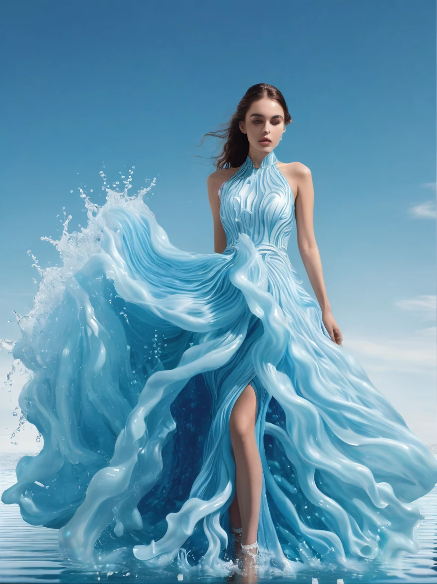 A girl，Wearing a gorgeous outfit made of water，Exquisite dress，Elegant water dress，Gorgeous and elegant，Luxurious clothing，Inspired by Hedi Xandt&#39;s design style。Her attire includes intricate clothing、ornate royal robes、Fine clothing and robes，and dresses with delicate and elegant details。She stepped on high heels，Dressed in royal style。Her hands have finely detailed finger drawings。(((The fire burned in her body，Also dancing on the skirt，The fire element gave her a winged form)))。Covered with transparent fabric。It's a masterpiece, The highest quality artistic presentation：1.2）,（8K resolution high-definition RAW photos, a realistic style, Photorealistic:1.3）,(Skin texture is extremely detailed, The fabric texture is exquisite, Realistic flame effects, Beautiful and delicate face:1.25),Professional lighting arrangement、Photon Mapping Technology、Soft and beautiful light processing、Radiometric calculation method、High-end shooting techniques such as physically based realistic rendering and ray tracing technology are used in it;Model-like shooting style， (Extremely fine CG unified 8K wallpaper),Full-length photo shows one of the most beautiful works of art in the world