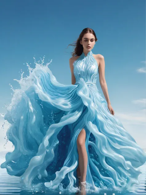 A girl，Wearing a gorgeous outfit made of water，Exquisite dress，Elegant water dress，Gorgeous and elegant，Luxurious clothing，Inspi...