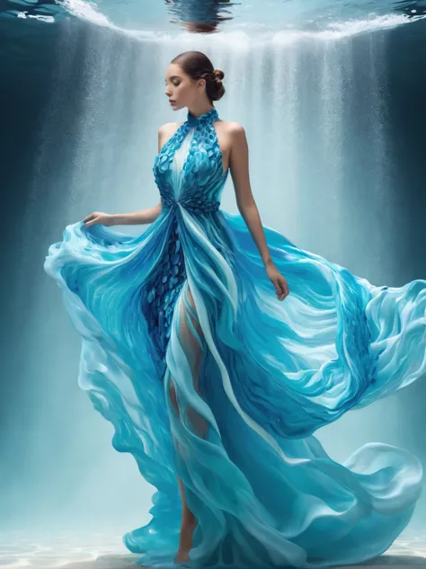 A girl，Wearing a gorgeous outfit made of water，Exquisite dress，Elegant water dress，Gorgeous and elegant，Luxurious clothing，Inspi...