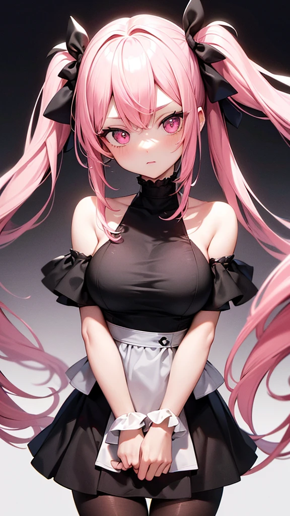 (Highest quality,High resolution,Ultra-detailed,girl)black tights,Pink Hair,Height: 160cm,cute,Pink Eyes,She is wearing a black dress,Twin tails,Big Breasts,Her eyes are white and shining,Has bright white eyes,Naked and looking at me,I have a very embarrassed look，