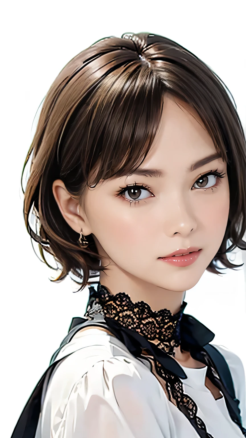 masterpiece、best image quality、Super fine、32K、look at the viewer、look straight ahead、luxury lace white blouse、short hair facing outside、light brown hair、46 points diagonal bang、highest quality、(real:1.4),ultra high resolution、 (thin and beautiful eyes:1.6)、Symmetrical、highly detailed face、perfect lighting、(perfect anatomy)、(white background:1)、hotgenic、best image quality、Characteristics of short hair、high quality、visual art、