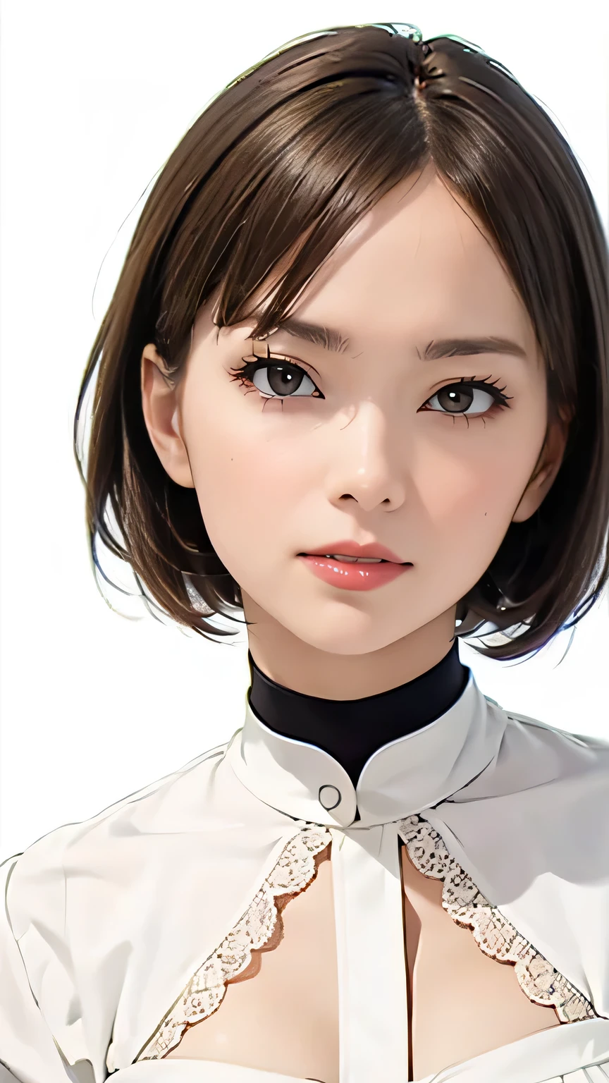 masterpiece、best image quality、Super fine、32K、look at the viewer、look straight ahead、luxury lace white blouse、short hair facing outside、light brown hair、46 points diagonal bang、highest quality、(real:1.4),ultra high resolution、 (thin and beautiful eyes:1.6)、Symmetrical、highly detailed face、perfect lighting、(perfect anatomy)、(white background:1)、hotgenic、best image quality、Characteristics of short hair、high quality、visual art、