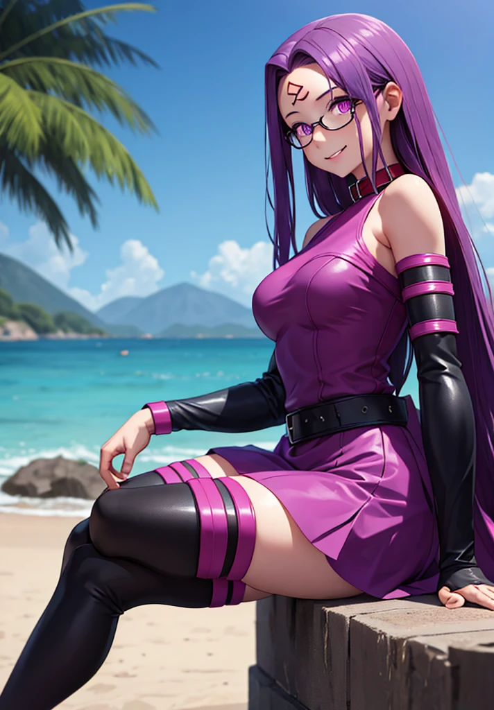 1girl, purple hair, absurdly long hair, forehead mark, purple eyes, animal collar, short dress, skirt, detached sleeves, arm belt, bracelet, thighhighs, sitting, from side, looking at viewer, smile, teeth, outdoors, ruins  score_9, score_8_up, score_7_up, score_6_up, score_5_up, score_4_up, (m-da s-tarou:0), masterpiece