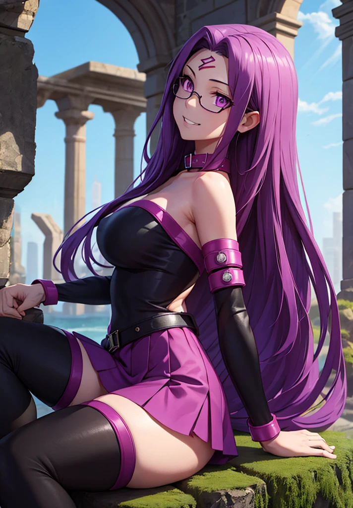 1girl, purple hair, absurdly long hair, forehead mark, purple eyes, animal collar, short dress, skirt, detached sleeves, arm belt, bracelet, thighhighs, sitting, from side, looking at viewer, smile, teeth, outdoors, ruins  score_9, score_8_up, score_7_up, score_6_up, score_5_up, score_4_up, (m-da s-tarou:0), masterpiece