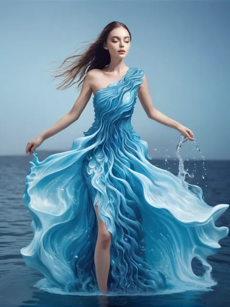 A girl，Wearing a gorgeous outfit made of water，Exquisite dress，Elegant water dress，Gorgeous and elegant，Luxurious clothing，Inspi...