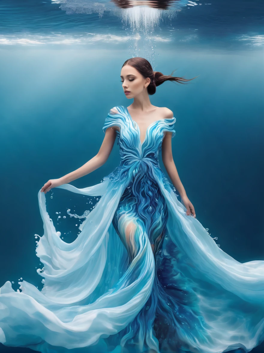 A girl，Wearing a gorgeous outfit made of water，Exquisite dress，Elegant water dress，Gorgeous and elegant，Luxurious clothing，Inspired by Hedi Xandt&#39;s design style，Her attire includes intricate clothing，ornate royal robes，Fine clothing and robes，and dresses with delicate and elegant details，She stepped on high heels，Dressed in royal style，Her hands have finely detailed finger drawings，(((The fire burned in her body，Also dancing on the skirt，The fire element gave her a winged form)))，(Covered with transparent fabric，It's a masterpiece, The highest quality artistic presentation:1.2)，(8K resolution high-definition RAW photos，a realistic style，Photorealistic:1.3)，(Skin texture is extremely detailed, The fabric texture is exquisite, Realistic flame effects, Beautiful and delicate face:1.25)，Professional lighting arrangement，Photon Mapping Technology，Soft and beautiful light processing，Radiometric calculation method，High-end shooting techniques such as physically based realistic rendering and ray tracing technology are used in it，Model-like shooting style，(Extremely fine CG unified 8K wallpaper)，Full-length photo shows one of the most beautiful works of art in the world