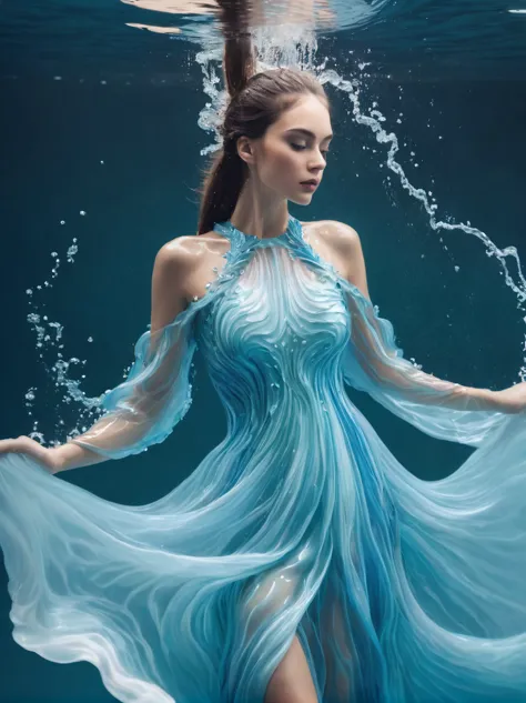 A girl，Wearing a gorgeous outfit made of water，Exquisite dress，Elegant water dress，Gorgeous and elegant，Luxurious clothing，Inspi...