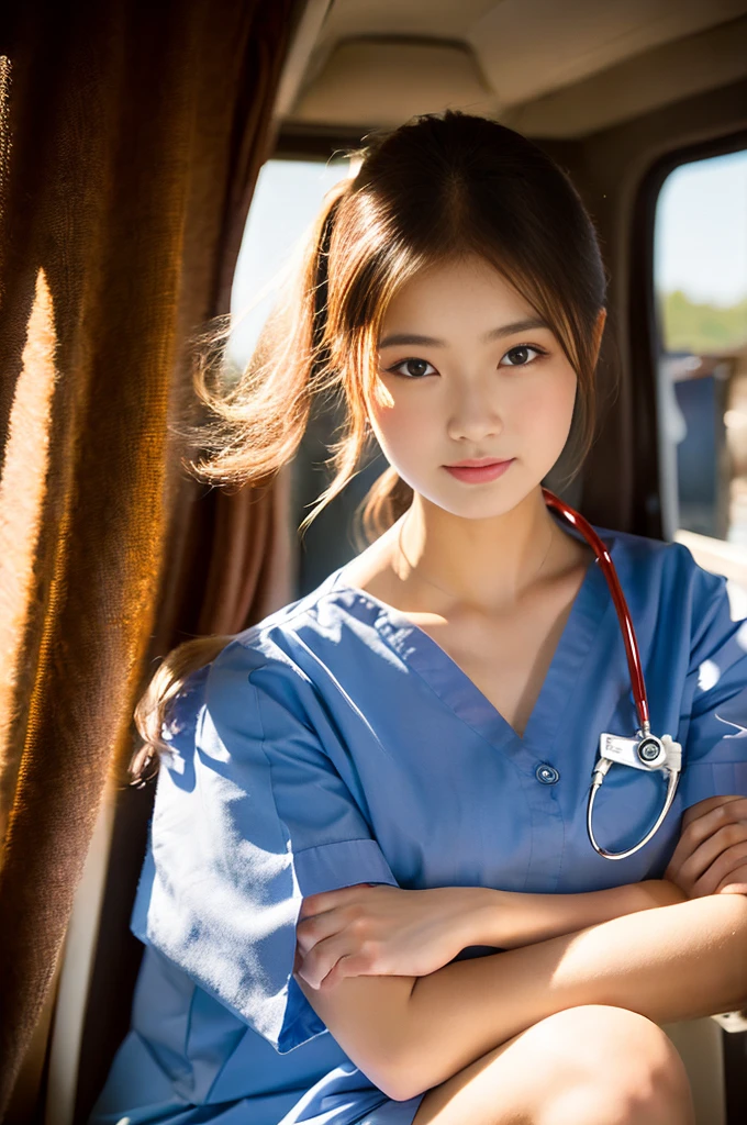 Young Japanese Girl、nurse、A window where the summer sun shines in、Natural Makeup、Natural Hairstyles、Professional Portrait Photography、