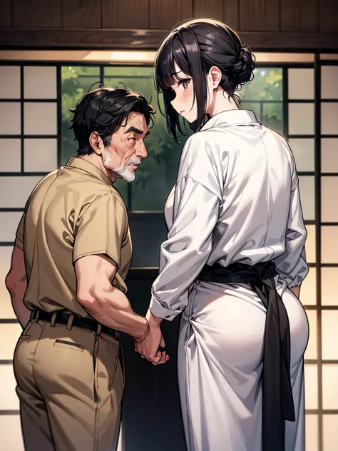 An old man is touching the buttocks of a black-haired, black-eyed Japanese girl from behind