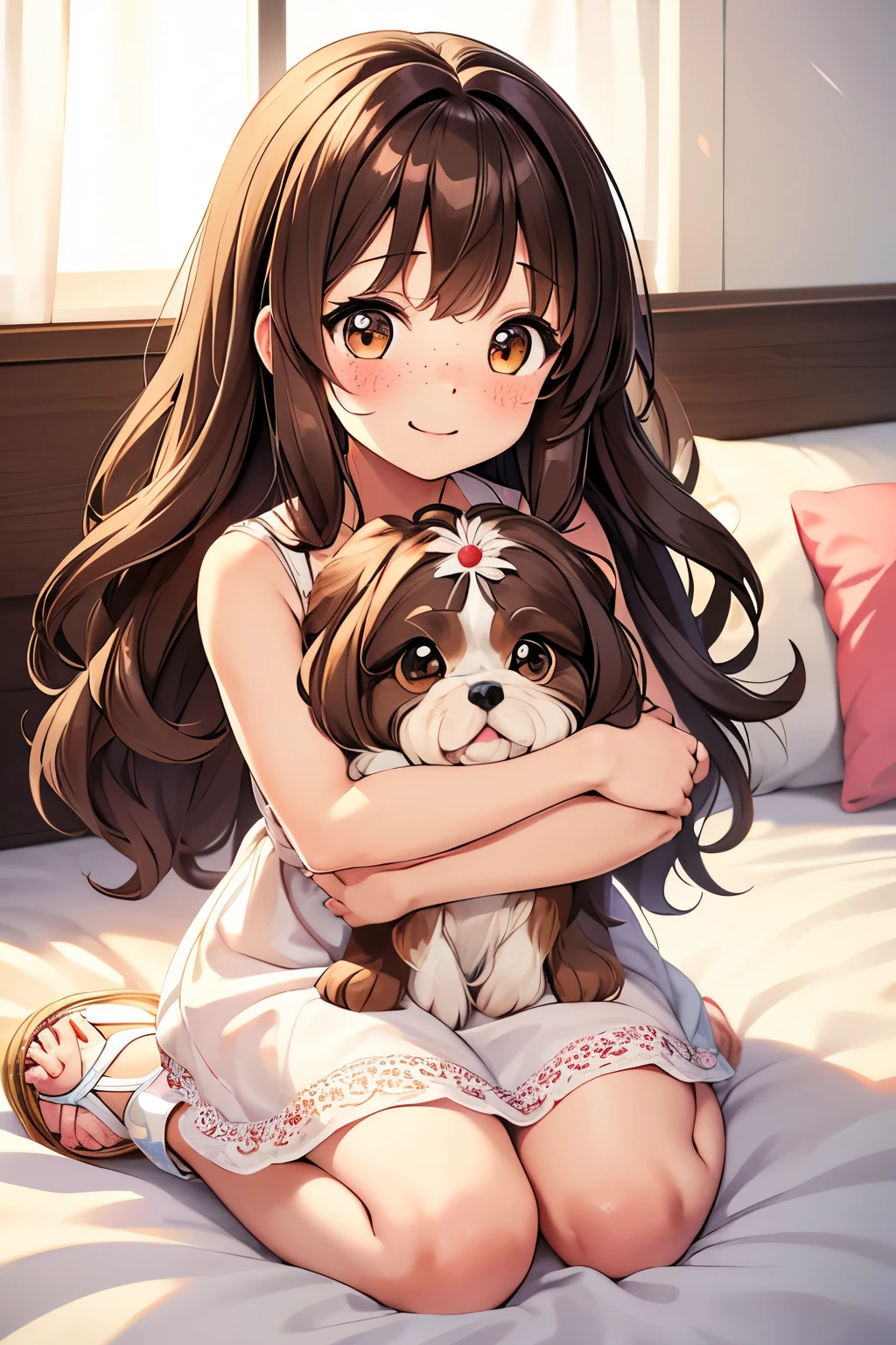 chica bonita chibi , cuerpo completo , grandes ojos de anime color avellana , cabello castaño rizado y ondulado , vestido blanco de verano con tirantes , lindas sandalias , cara sonrojada , sentado en la cama abrazando a un pequeño perro SHIH TZU original, Cara sonriente , lindas pecas