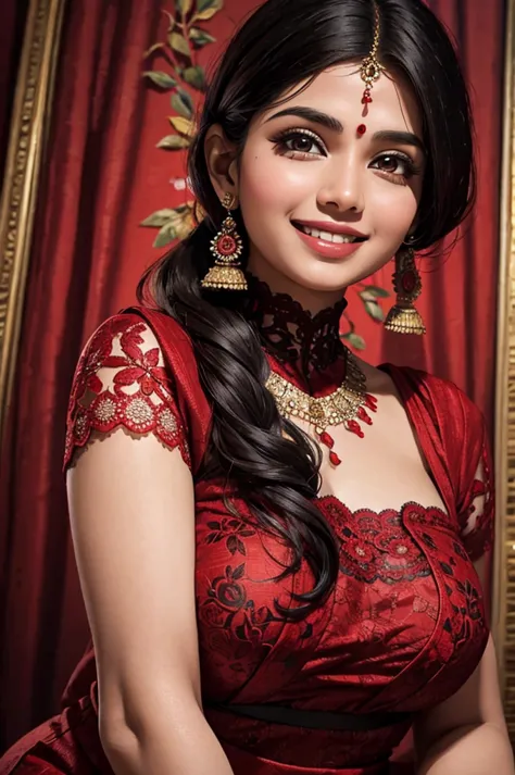 an indian woman, wearing a floral lace red and black outfit, light smiling, portrait view, curvy figure