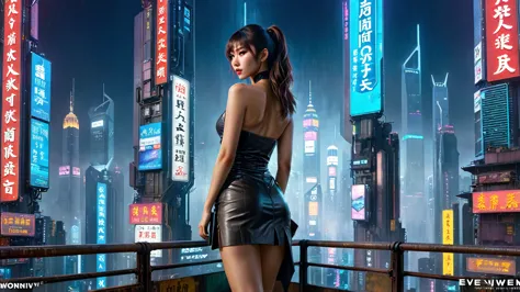 8k, realistic skin texture, realistic photos, neo hong kong, (((((1 slim western women, alone))))), eve of 2050, wearing a tube ...