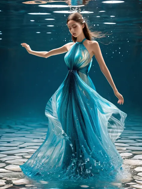 A girl，Wearing a gorgeous outfit made of water，Exquisite dress，Elegant water dress，Gorgeous and elegant，Luxurious clothing，Inspi...