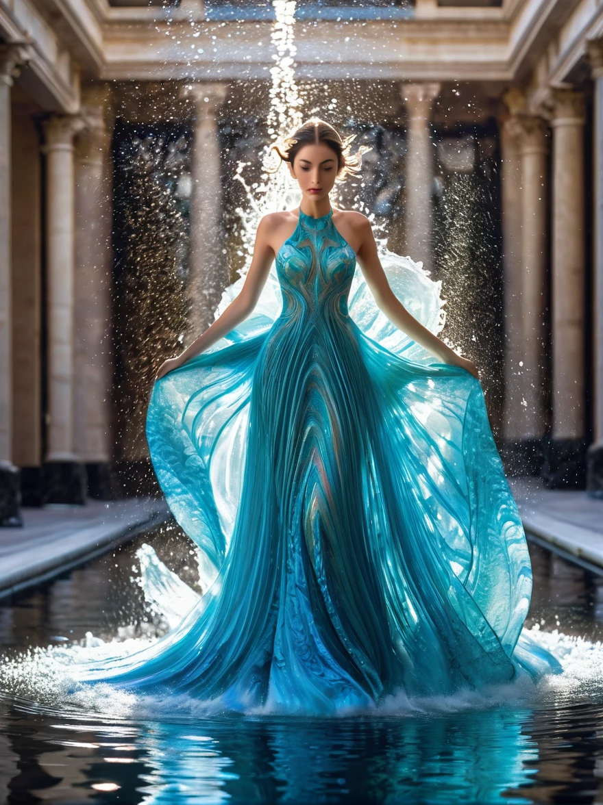 A girl，Wearing a gorgeous outfit made of water，Exquisite dress，Elegant water dress，Gorgeous and elegant，Luxurious clothing，Inspired by Hedi Xandt&#39;s design style，Her attire includes intricate clothing，ornate royal robes，Fine clothing and robes，and dresses with delicate and elegant details，She stepped on high heels，Dressed in royal style，Her hands have finely detailed finger drawings，(((The fire burned in her body，Also dancing on the skirt，The fire element gave her a winged form)))，(Covered with transparent fabric，It's a masterpiece, The highest quality artistic presentation:1.2)，(8K resolution high-definition RAW photos，a realistic style，Photorealistic:1.3)，(Skin texture is extremely detailed, The fabric texture is exquisite, Realistic flame effects, Beautiful and delicate face:1.25)，Professional lighting arrangement，Photon Mapping Technology，Soft and beautiful light processing，Radiometric calculation method，High-end shooting techniques such as physically based realistic rendering and ray tracing technology are used in it，Model-like shooting style，(Extremely fine CG unified 8K wallpaper)，Full-length photo shows one of the most beautiful works of art in the world