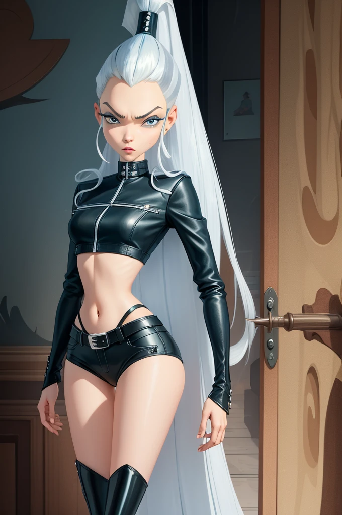 ​masterpiece, best quality, Ultra-detail, Illustration, 1 girl, icywinx, alone, very long hair, black open leather jacket, Jeans, belt, Creolen, navel, Fantasies, leather boots, soreading legs, hochnäsiger Blick, closed mouth, Fantasies worlds, Komposition,  