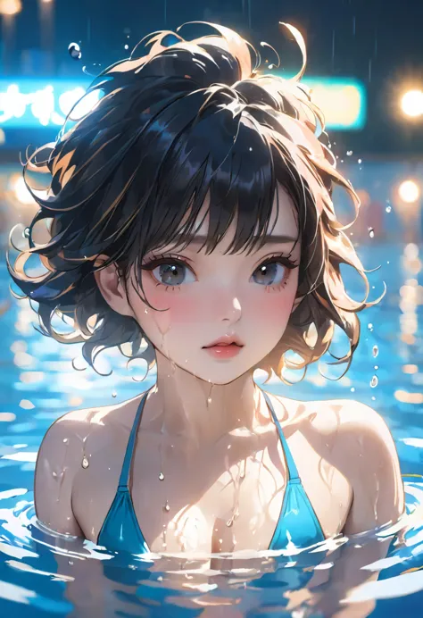 a beautiful girl in a swimsuit is immersed in water up to her chest in a night pool. korean style eye makeup, mature, beautiful,...