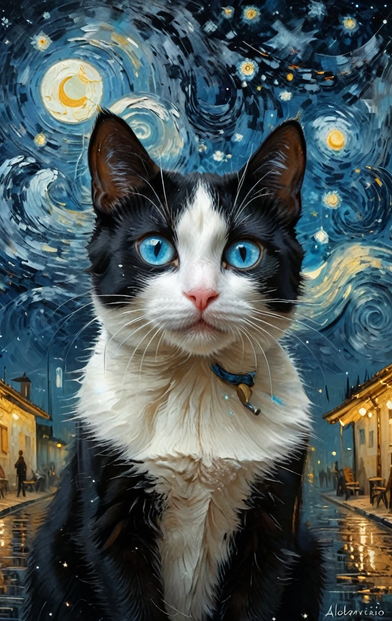 eine schwarz-weiße Katze mit blauen Augen ,Der Hintergrund ist Van Goghs Sternenhimmel , ein Gemälde der bildenden Kunst, Weltraumkunst, Trend auf Art Station, Alejandro Burdisio