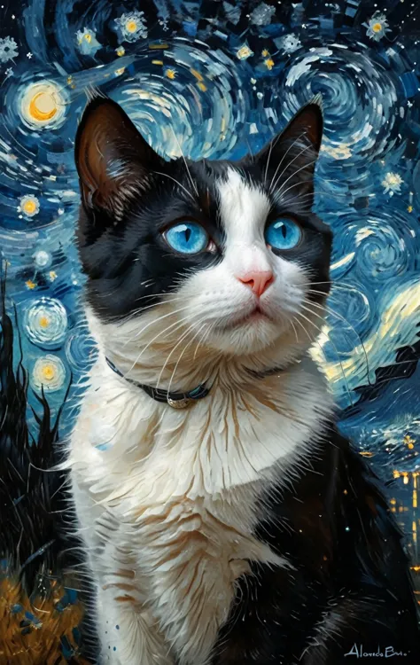 a black and white cat with blue eyes ,the background is van gogh's starry sky , a fine art painting, space art, trending on art ...