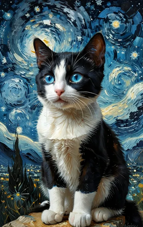 a black and white cat with blue eyes ,the background is van gogh's starry sky , a fine art painting, space art, trending on art ...