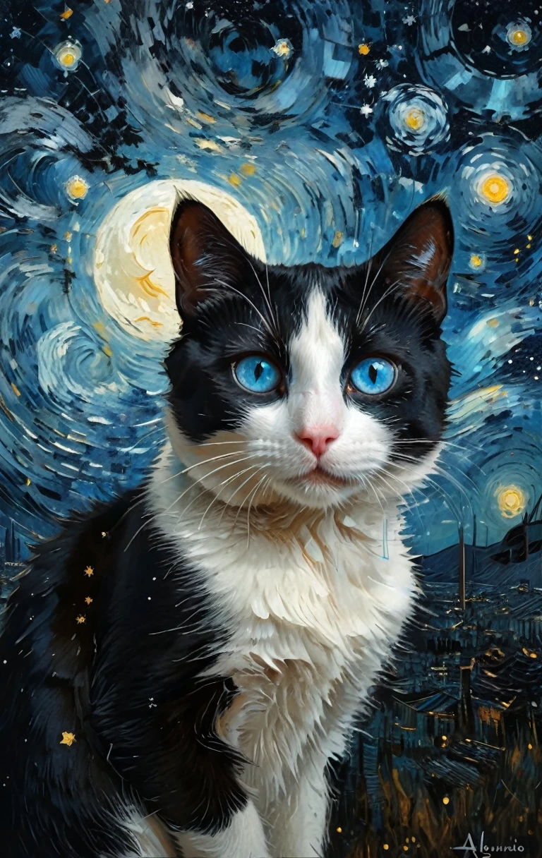 un chat noir et blanc aux yeux bleus ,Le fond est le ciel étoilé de Van Gogh , une peinture d&#39;art, art spatial, tendance sur art station, Alexandre Burdisio