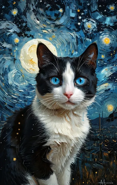 a black and white cat with blue eyes ,the background is van gogh's starry sky , a fine art painting, space art, trending on art ...